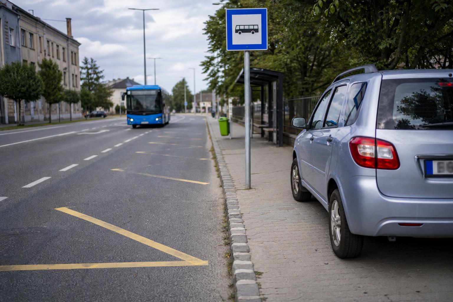 Autó a buszmegálló jelzőtáblájától szabályos távolságban, közeledő busszal