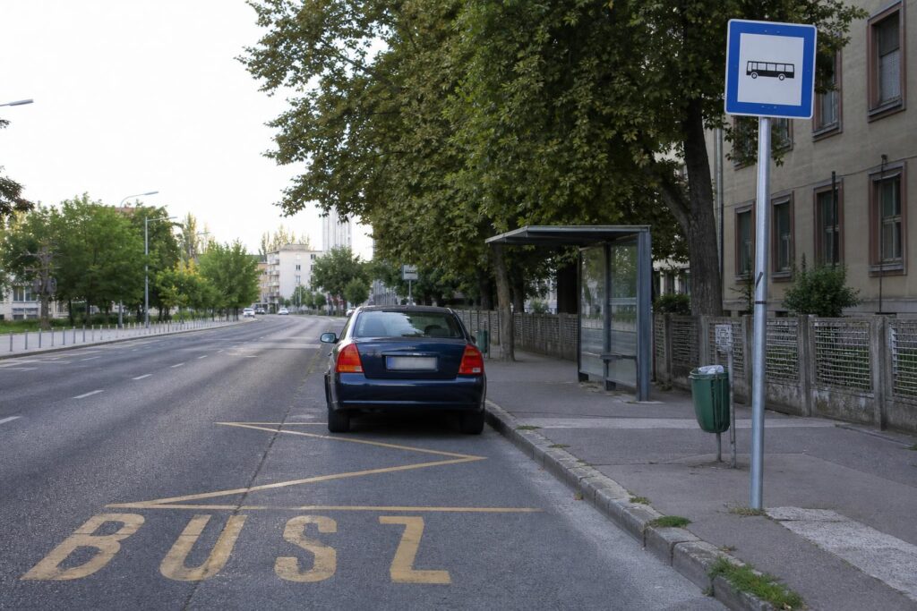 Magyarországi buszöböl megállóhelytáblával és az előtte szabályosan elhelyezett személyautóval