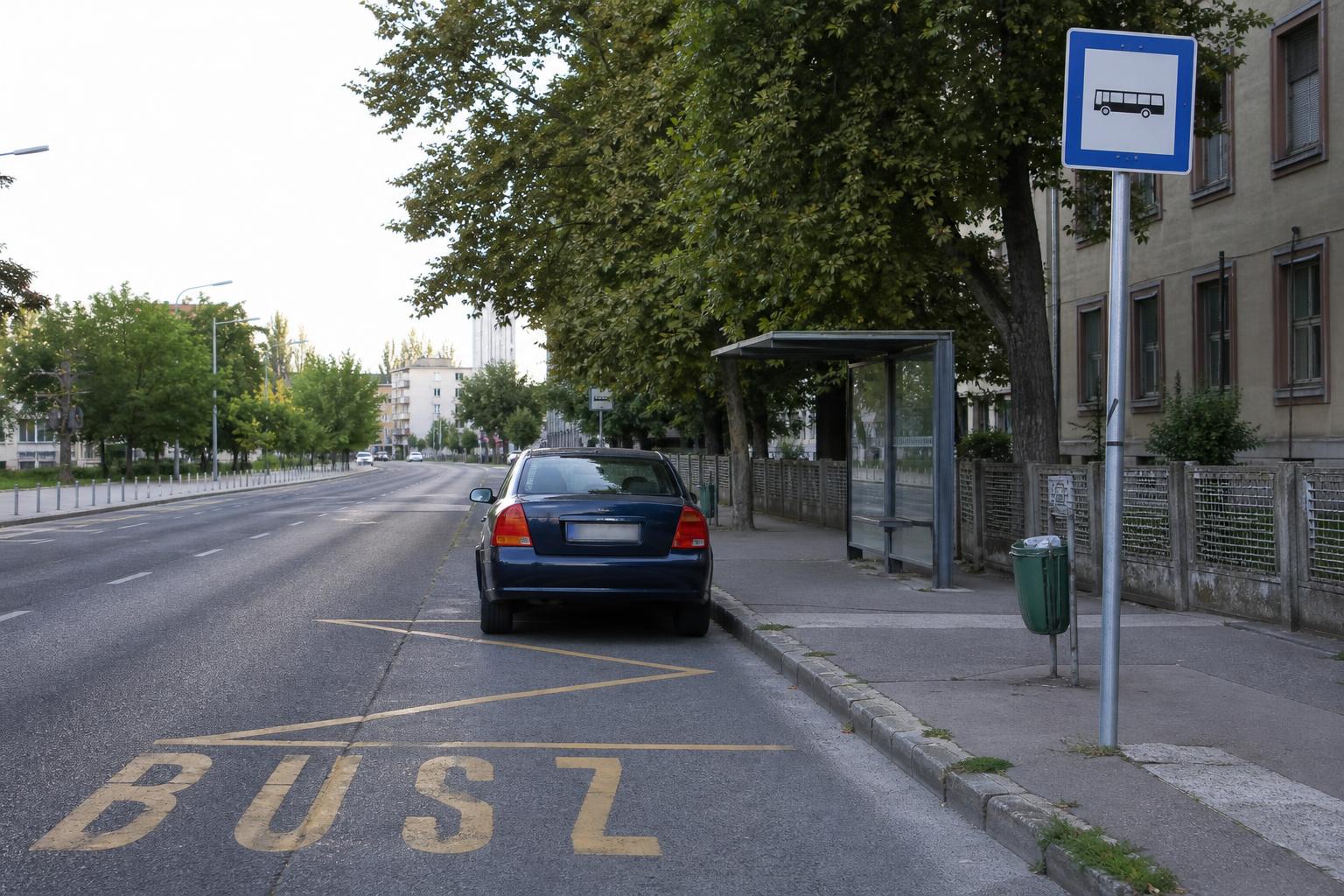 Magyarországi buszöböl megállóhelytáblával és az előtte szabályosan elhelyezett személyautóval