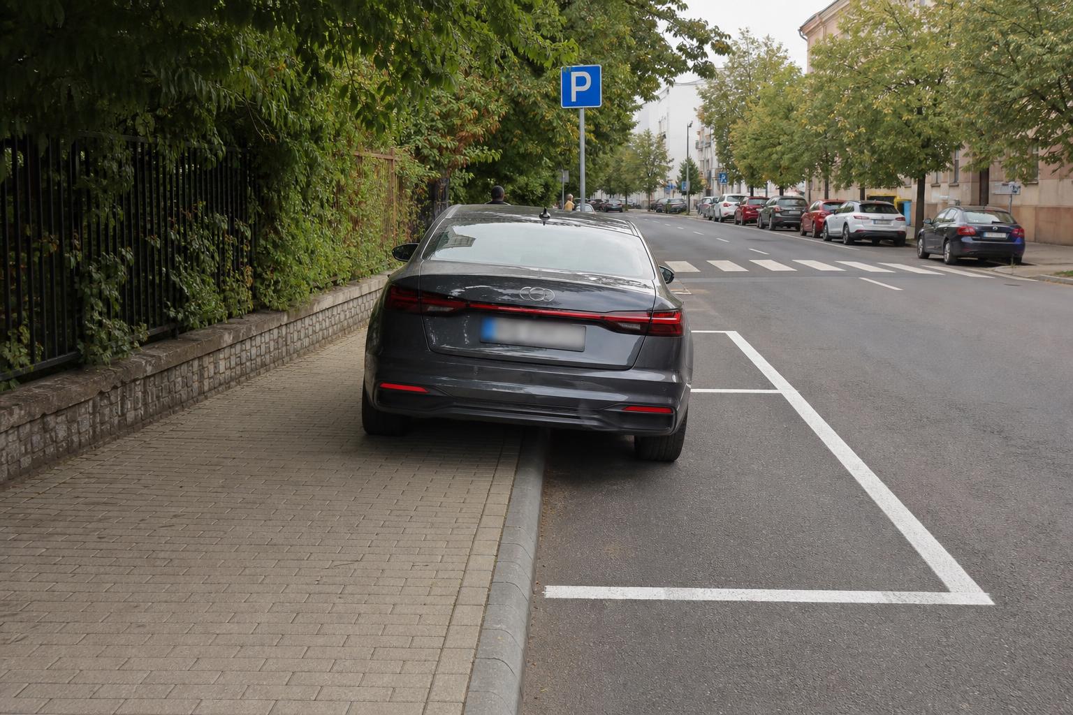 Autó szabályosan, részben a járdán és részben az úttesten kijelölt parkolóhelyen