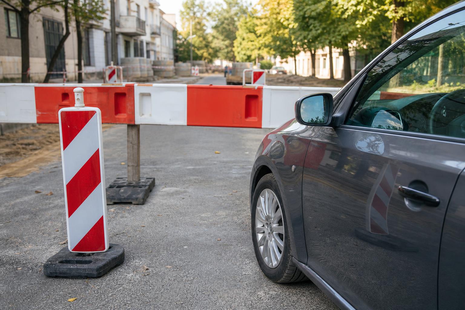 Személyautó ideiglenes útlezárás és terelőkorlát mögött, forgalom elől elzárt területen
