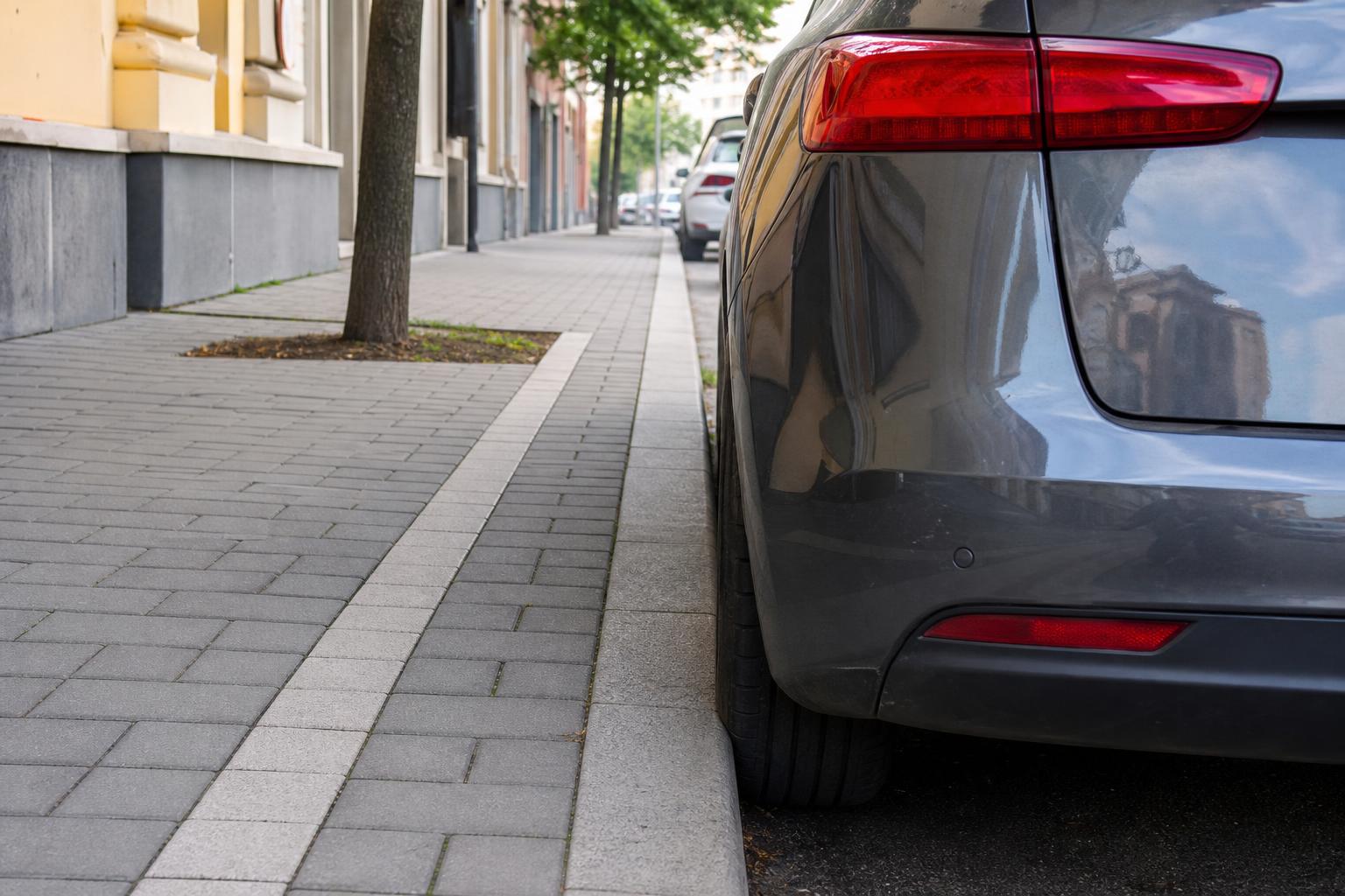 Autó részben a járdára állva, kijelölt parkolóhelyen és szabadon hagyott gyalogosútvonallal
