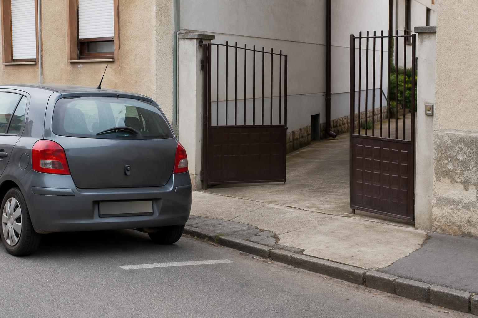 Autó parkol egy keskeny utcában egy kapubejáróval szemben, korlátozva a bekanyarodási helyet.