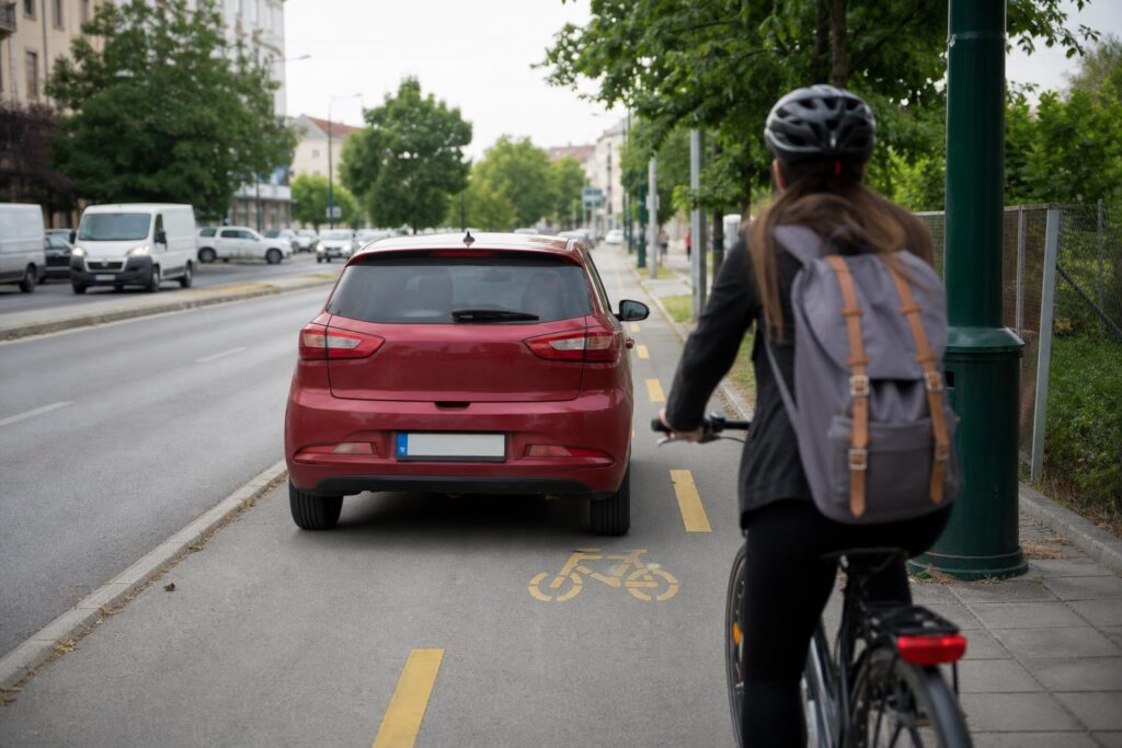 Autó áll egy kijelölt kerékpárúton, akadályozva a kerékpáros közlekedést