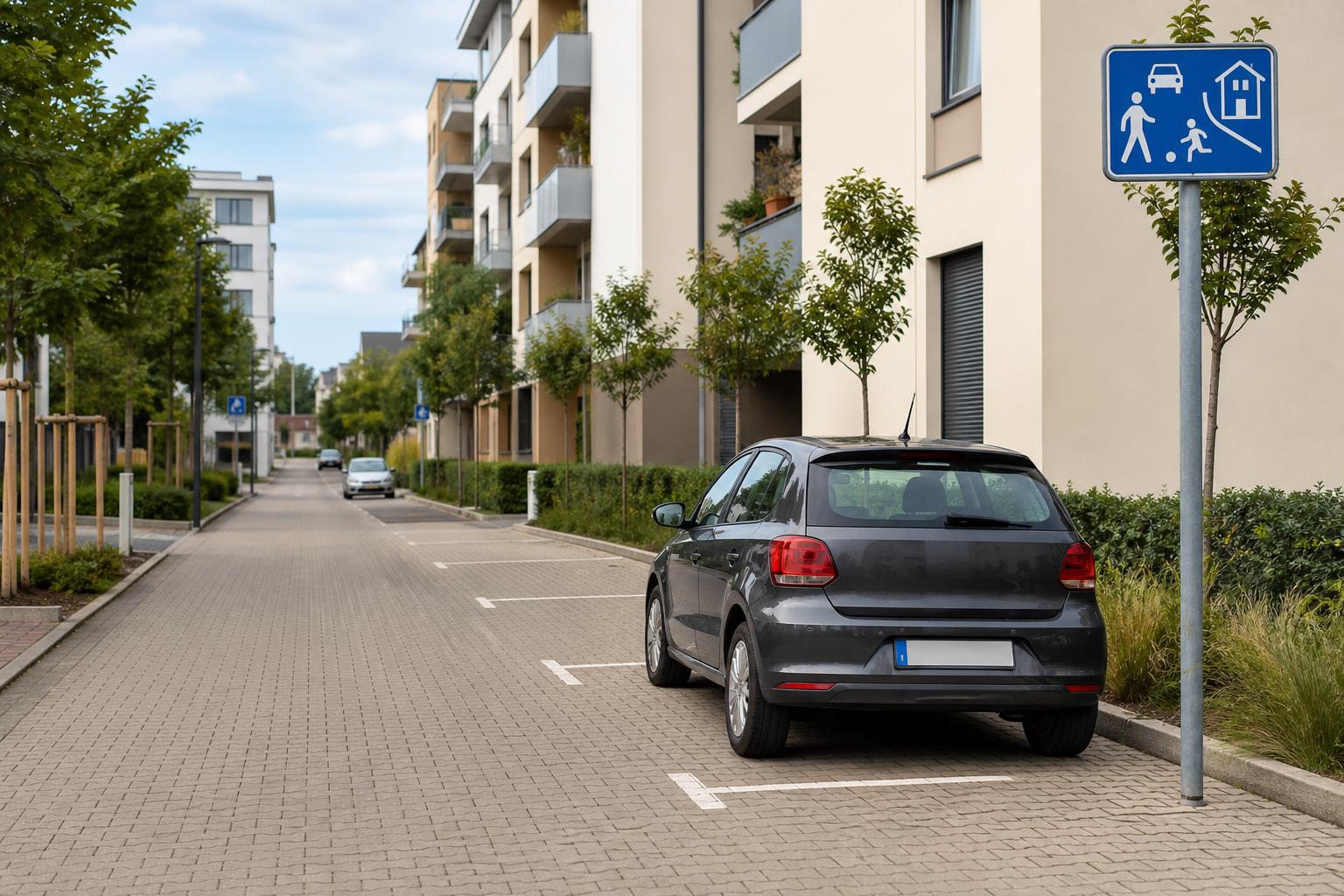 Autó kijelölt parkolóhelyen lakó-pihenő övezetben, lakó-pihenő övezetet jelző táblával