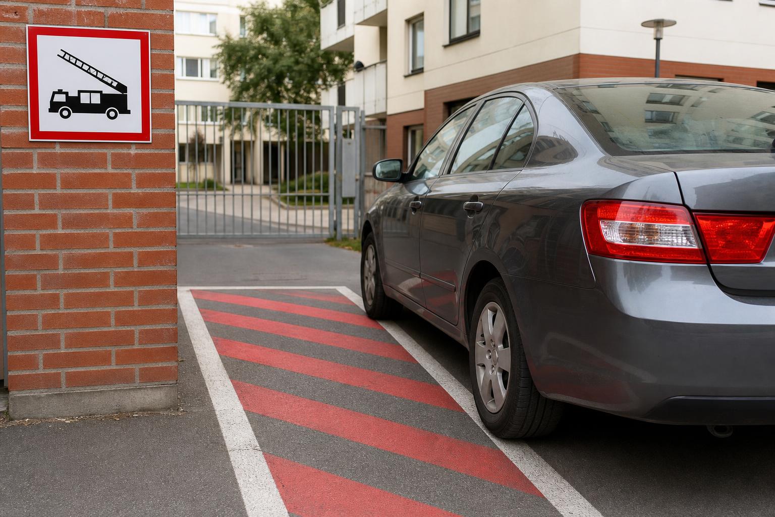 Autó tűzoltási felvonulási területen, felfestett tűzoltási út mellett
