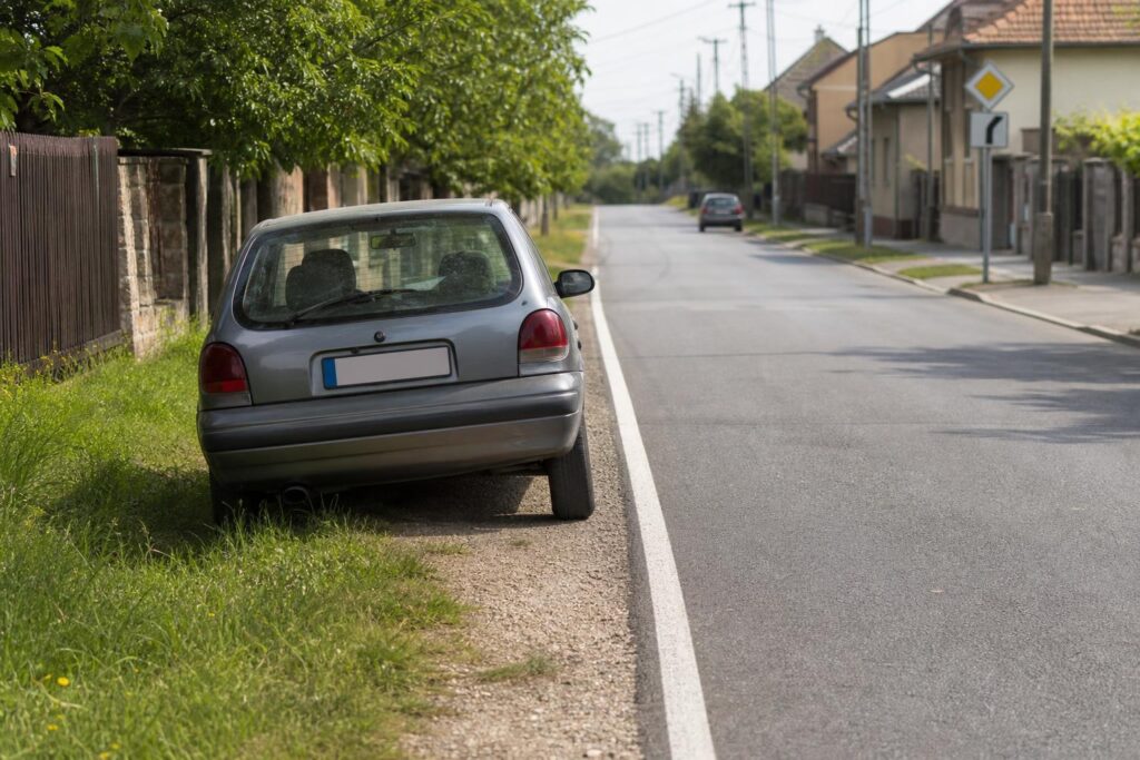 Autó parkolása útpadkán lakott területen, járdával és úttesttel jól elkülöníthető környezetben