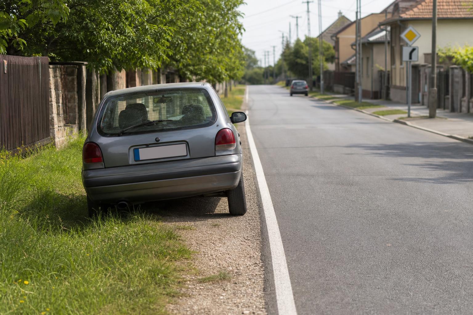 Autó parkolása útpadkán lakott területen, járdával és úttesttel jól elkülöníthető környezetben