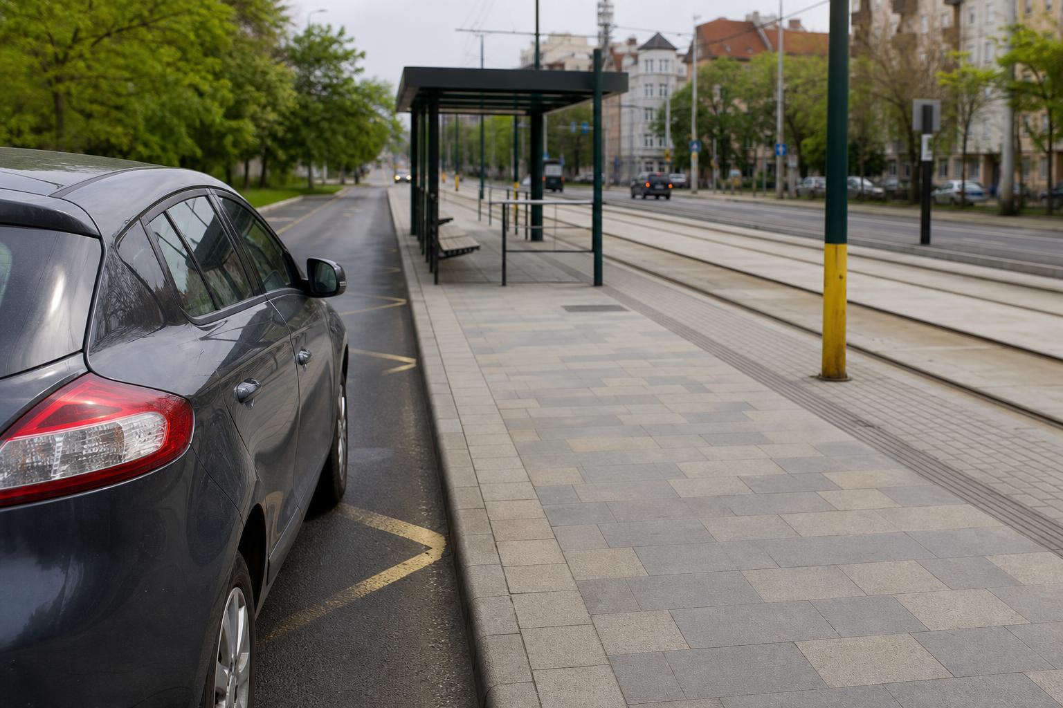 Villamosmegálló és a tőle szabályos távolságban parkoló autó városi úton