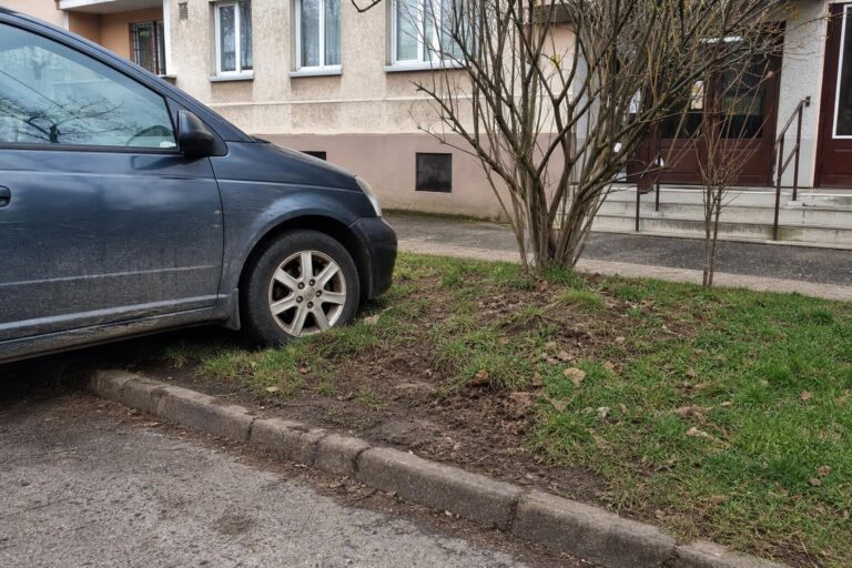 Autó parkol a társasház előtti füves zöldterület szélén, járdával és kapubejáróval