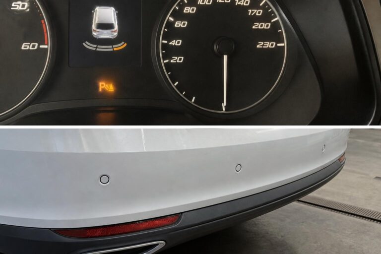 Modern autó hátsó lökhárítója négy parkolóradar-szenzorral, amelyek közül az egyik elmozdult és besüllyedt