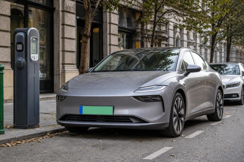 Zöld rendszámos elektromos autó budapesti utcai parkolóhelyen