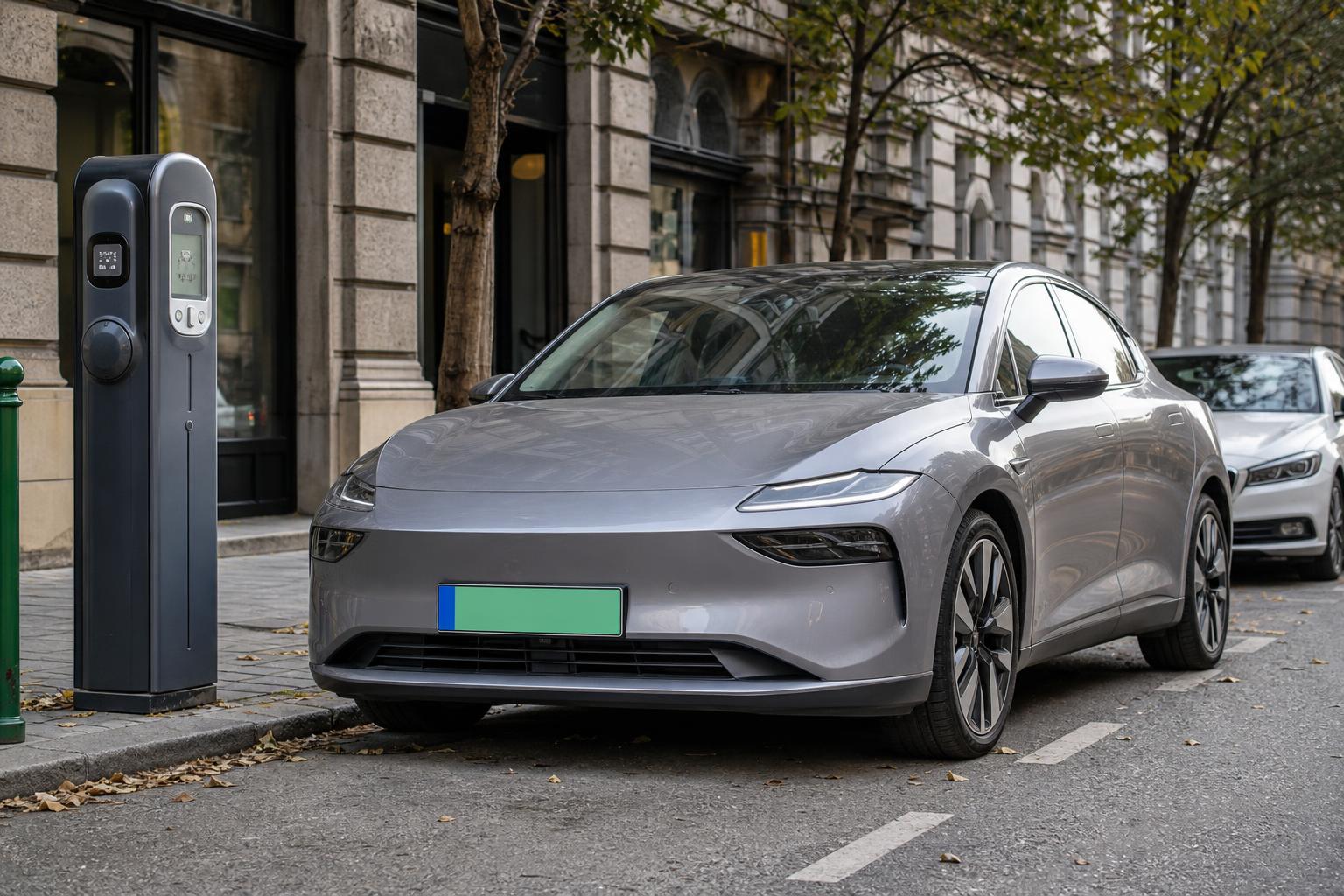 Zöld rendszámos elektromos autó budapesti utcai parkolóhelyen