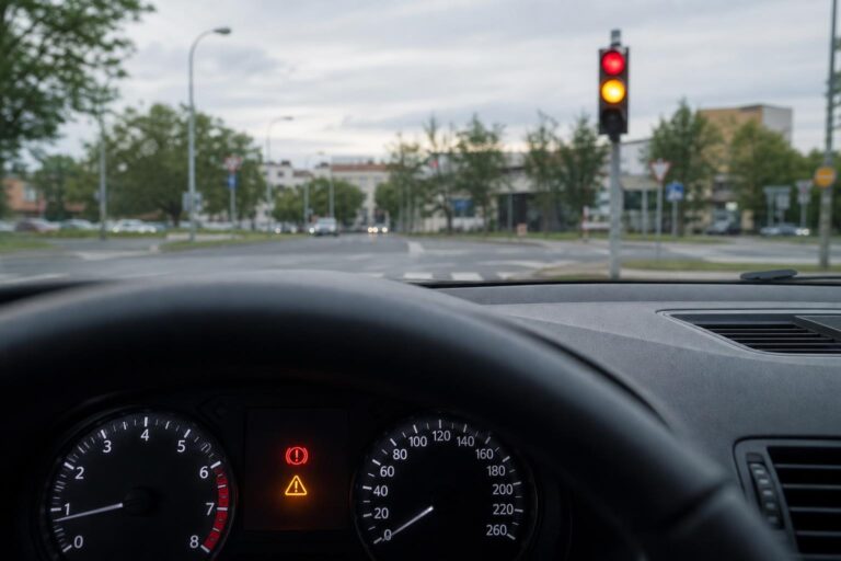 Piros és sárga közlekedési lámpa egyszerre világít egy autó elől nézve