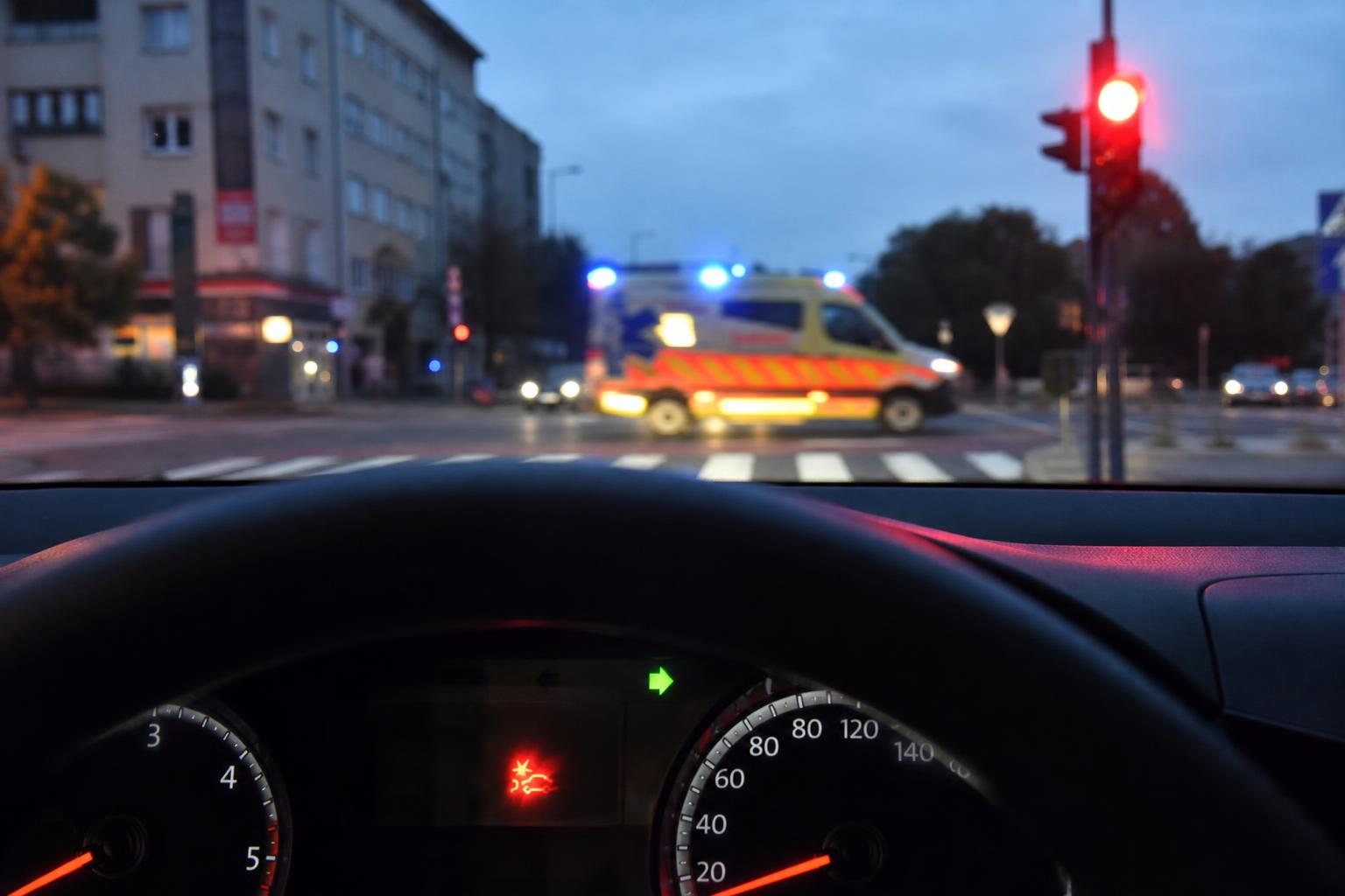 Piros lámpánál álló autó és villogó fényjelzést használó mentő egy városi kereszteződésben