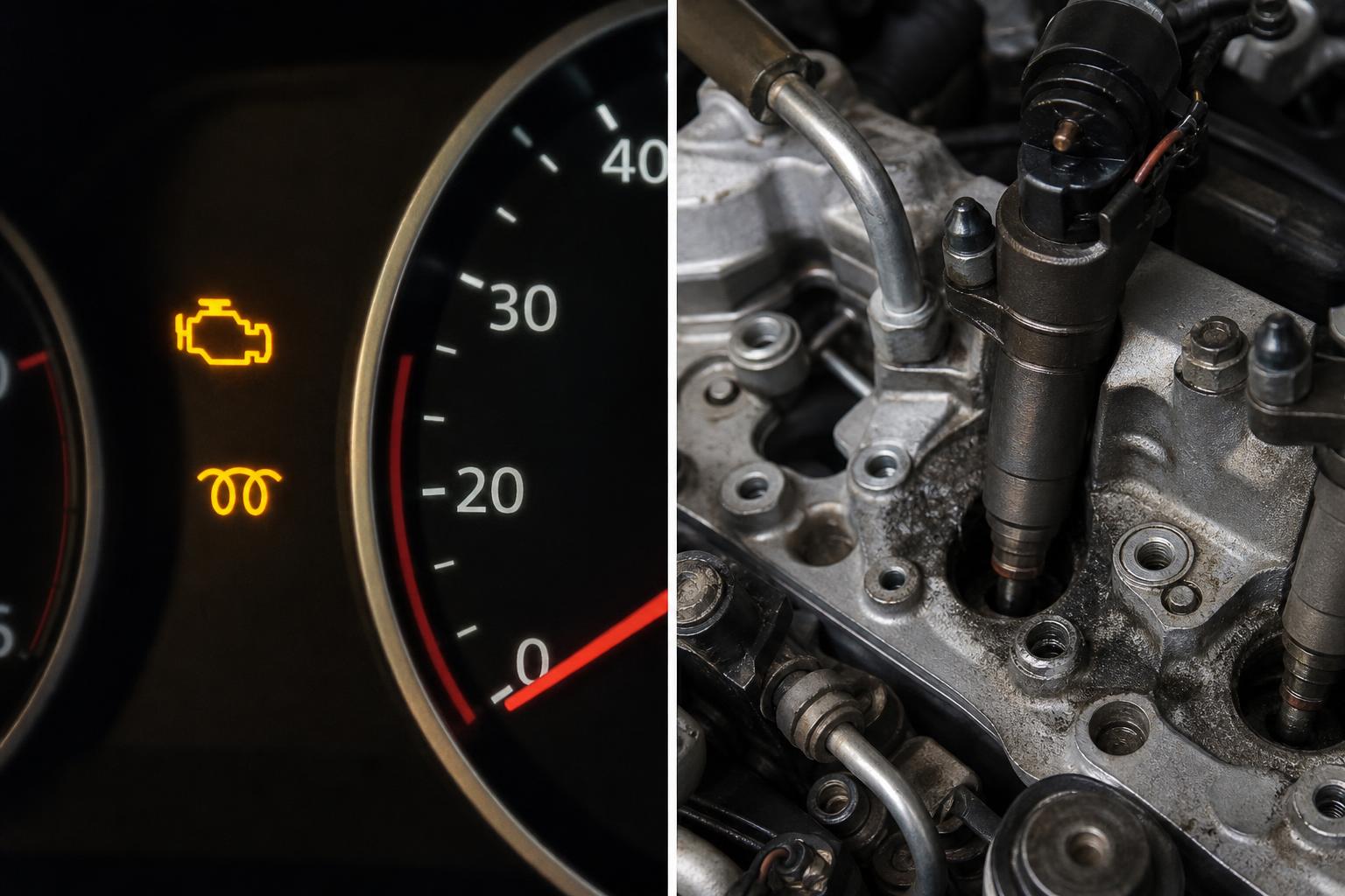 Dízelmotor befecskendezője és porlasztócsúcsa enyhe koromlerakódással a hengerfejnél