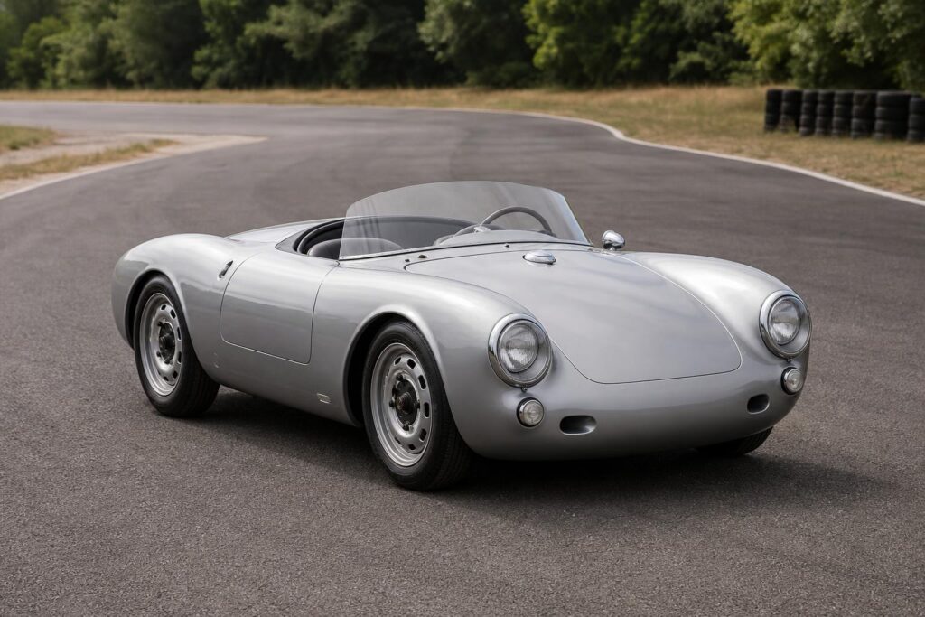 Ezüstszínű elektromos Porsche 550 J egy versenypályán