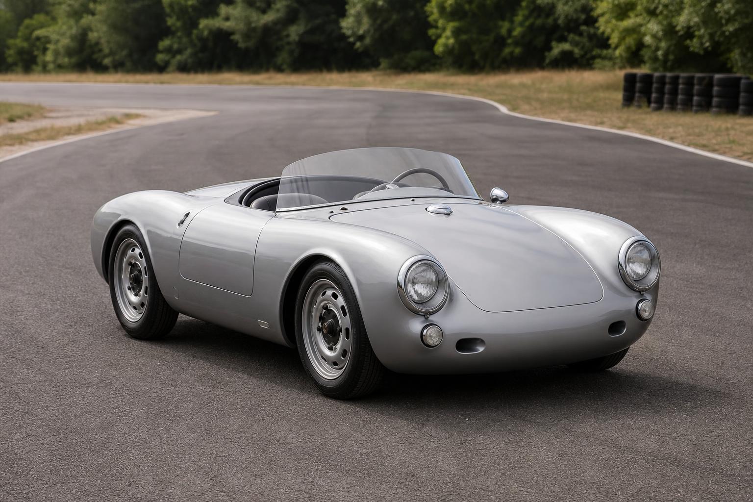 Ezüstszínű elektromos Porsche 550 J egy versenypályán