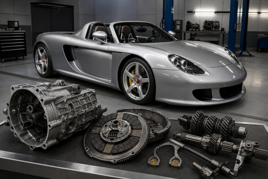 Porsche Carrera GT kerámia kuplungja és kézi sebességváltója műhelyi környezetben