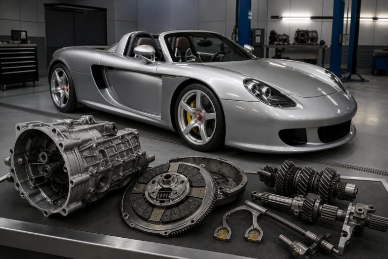 Porsche Carrera GT kerámia kuplungja és kézi sebességváltója műhelyi környezetben