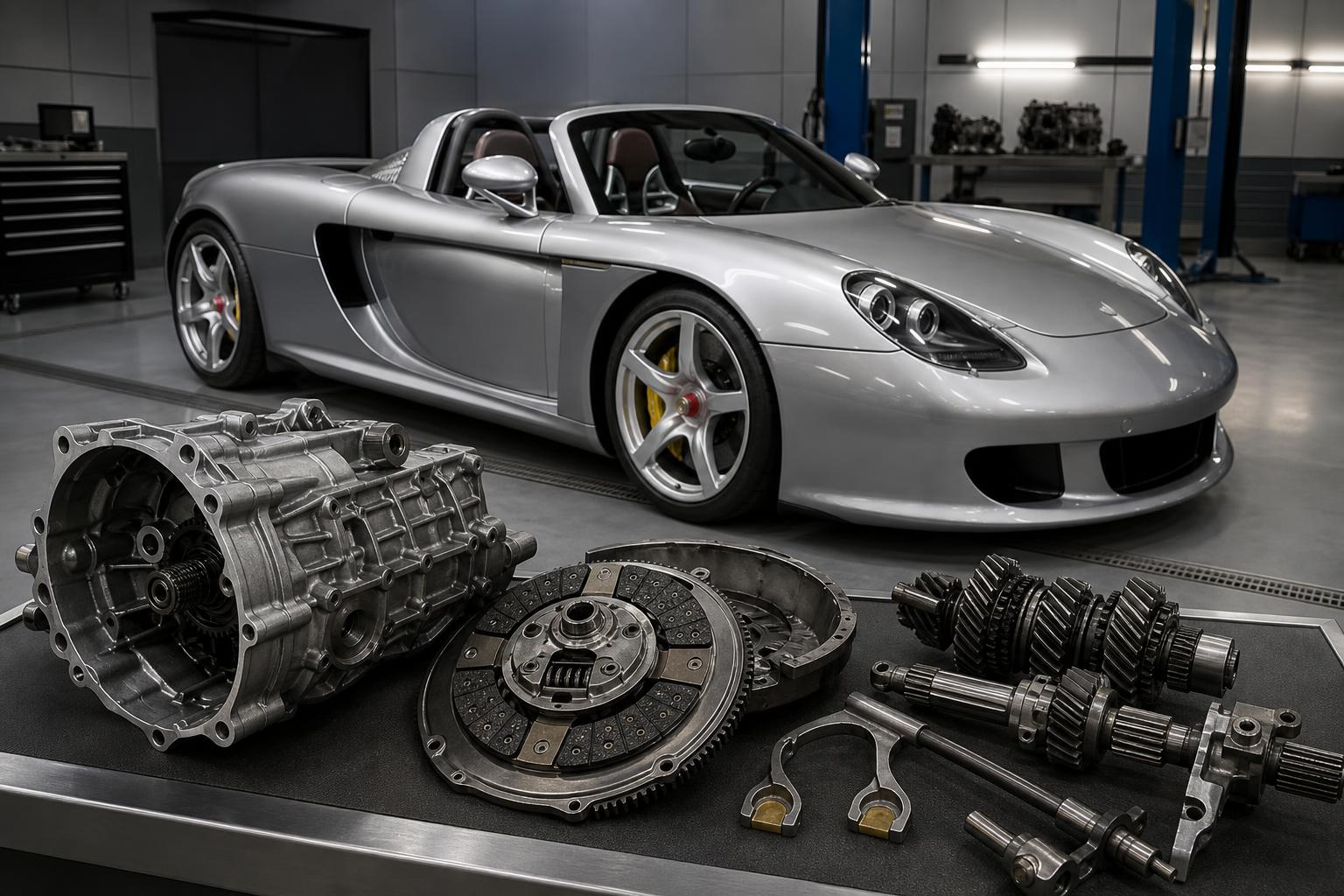 Porsche Carrera GT kerámia kuplungja és kézi sebességváltója műhelyi környezetben