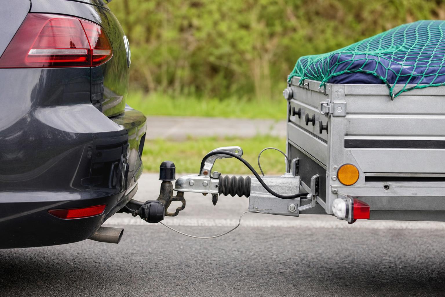 Autóhoz szabályosan kapcsolt pótkocsi vonófejjel, biztonsági kábellel és elektromos csatlakozóval