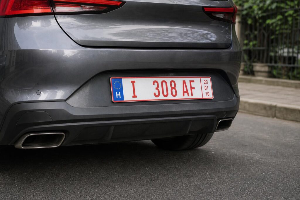 Ideiglenes rendszámmal közlekedő, még forgalomba nem helyezett személyautó hátulról