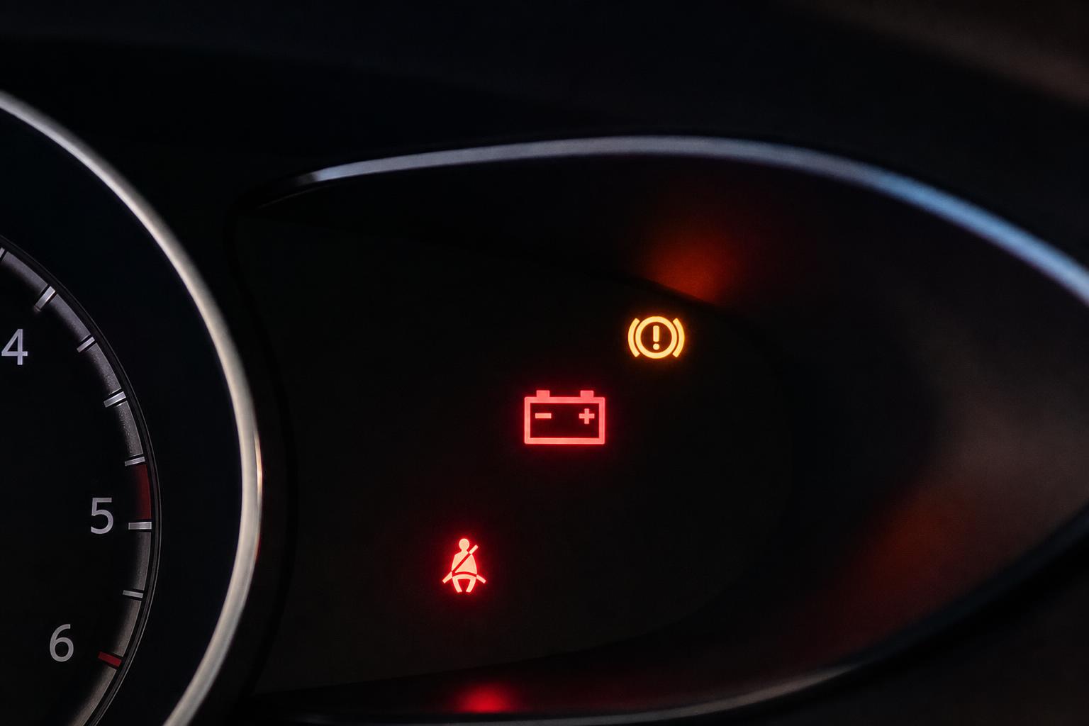 Autó műszerfala leállított motor mellett, világító akkumulátor-töltés visszajelzővel