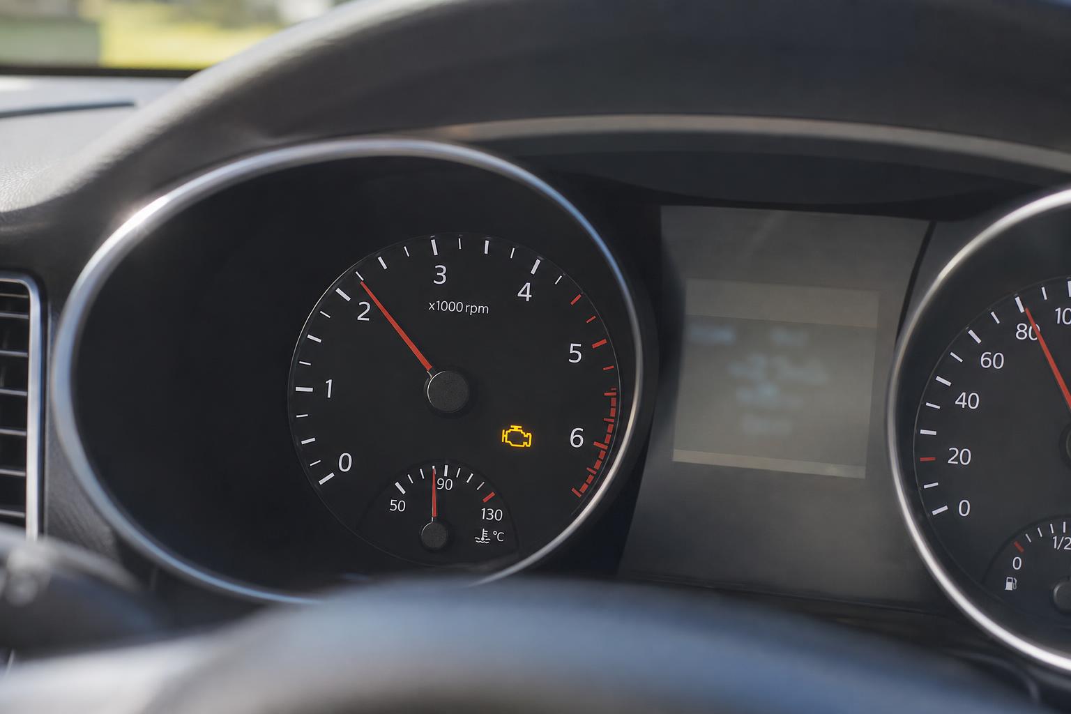 Autó műszerfala világító motorhiba-jelzéssel, amely egyenletes sebességnél jelentkező rángatásra utalhat