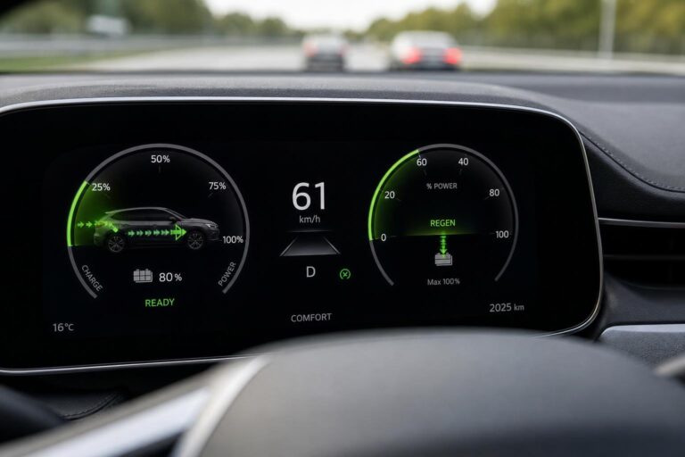 Elektromos autó műszerfala regeneratív fékezés közben, a visszatáplálást jelző gyári kijelzéssel