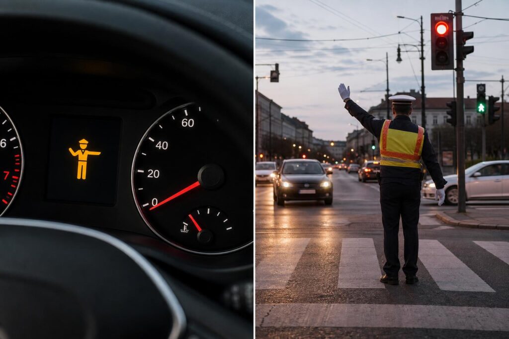 Rendőr irányítja a forgalmat egy közlekedési lámpás kereszteződésben