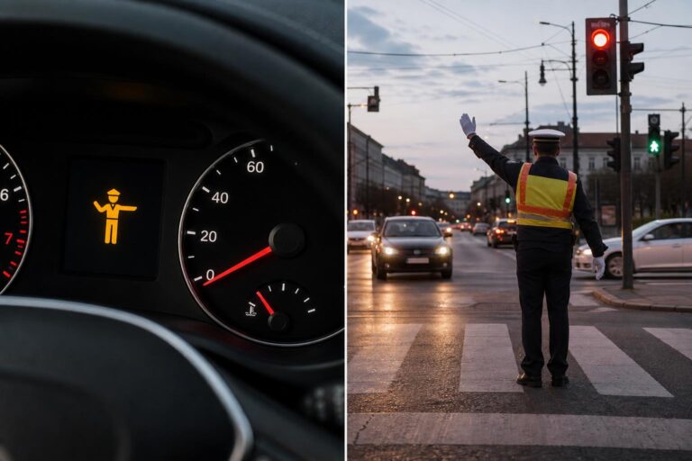 Rendőr irányítja a forgalmat egy közlekedési lámpás kereszteződésben