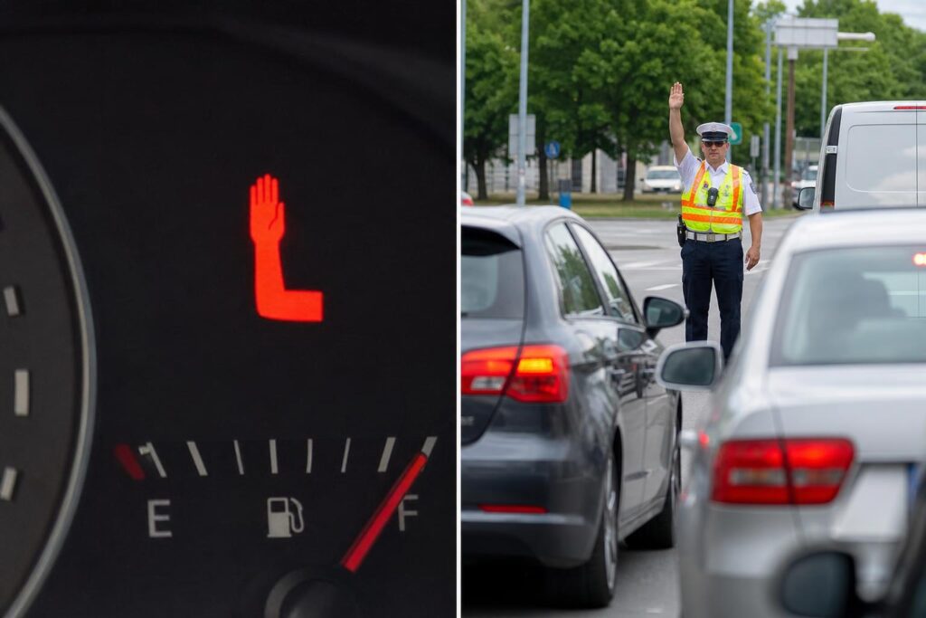 Forgalmat irányító rendőr felemelt karral megállásra utasítja az autókat egy kereszteződésben