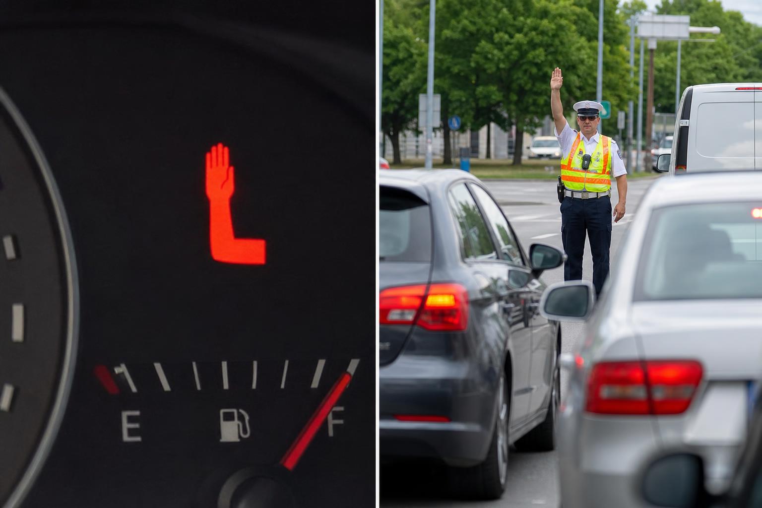 Forgalmat irányító rendőr felemelt karral megállásra utasítja az autókat egy kereszteződésben