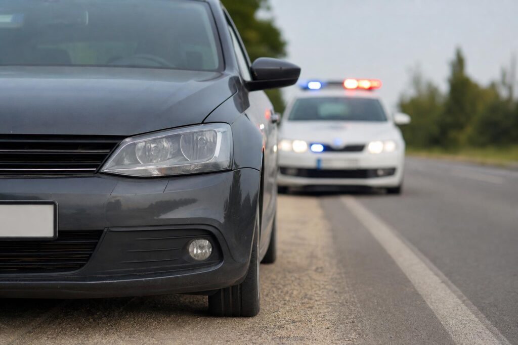 Rendőri közúti ellenőrzésen megállított személyautó és háttérben álló rendőrautó