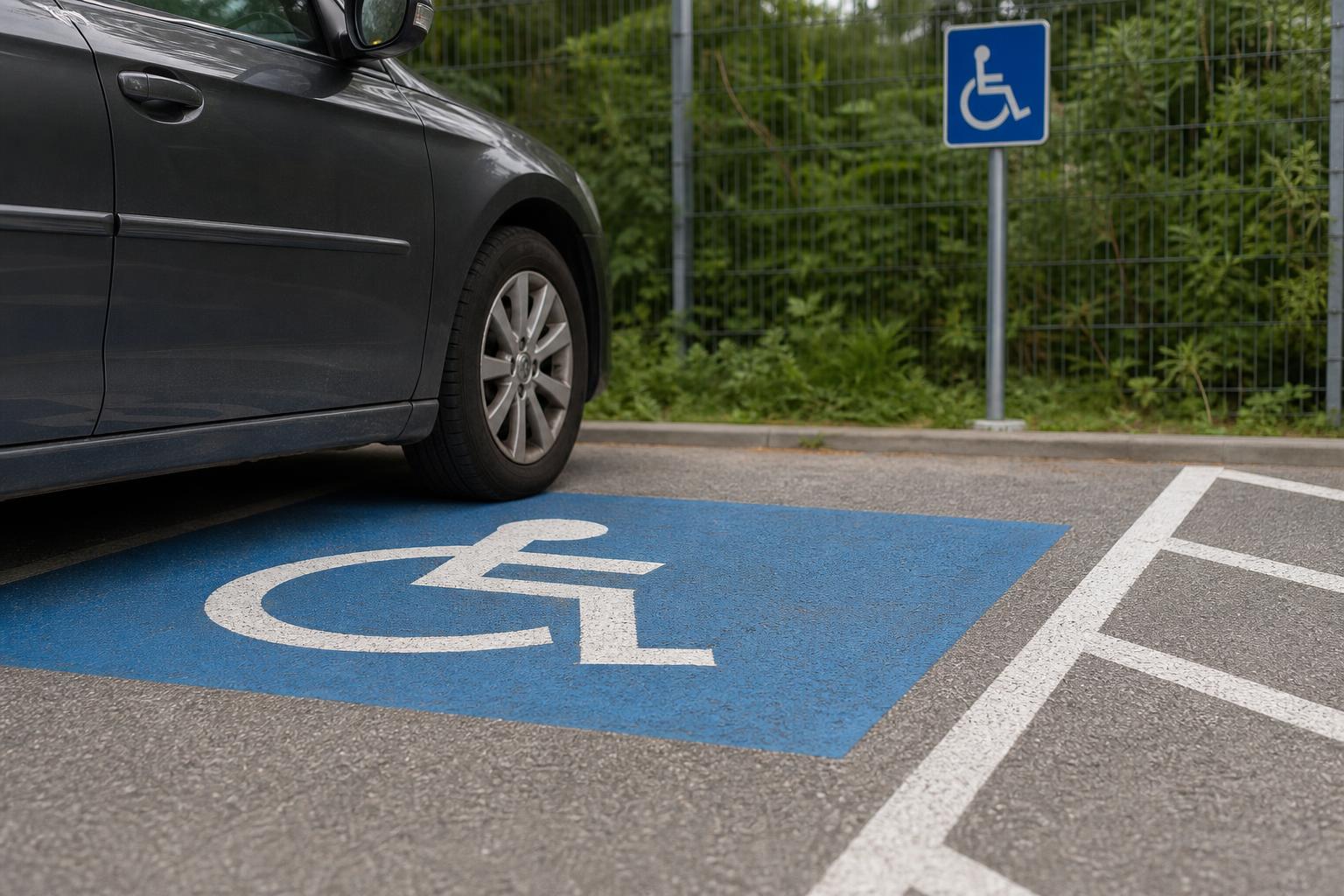 Autó mozgáskorlátozottak számára kijelölt parkolóhelyen, jól látható kerekesszékes burkolati jellel