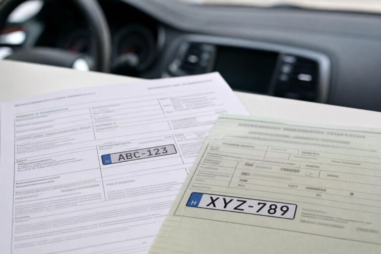 Biztosítási kötvény és forgalmi engedély eltérő rendszámadatokkal egy autó mellett