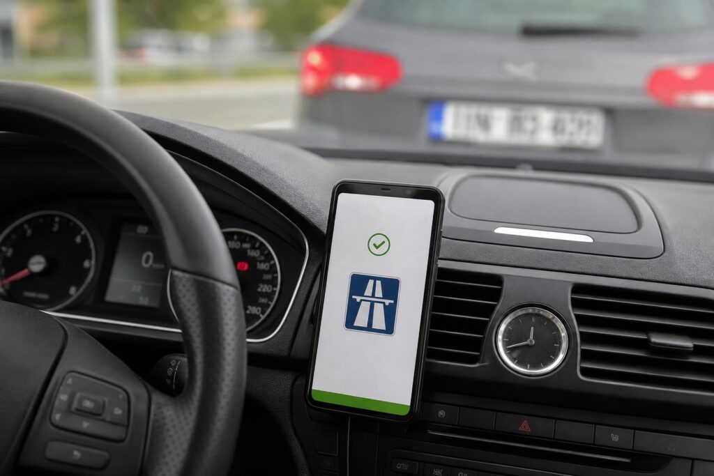 Autópálya-matrica vásárlásának ellenőrzése autóban, a rendszám és a digitális visszaigazolás részletével