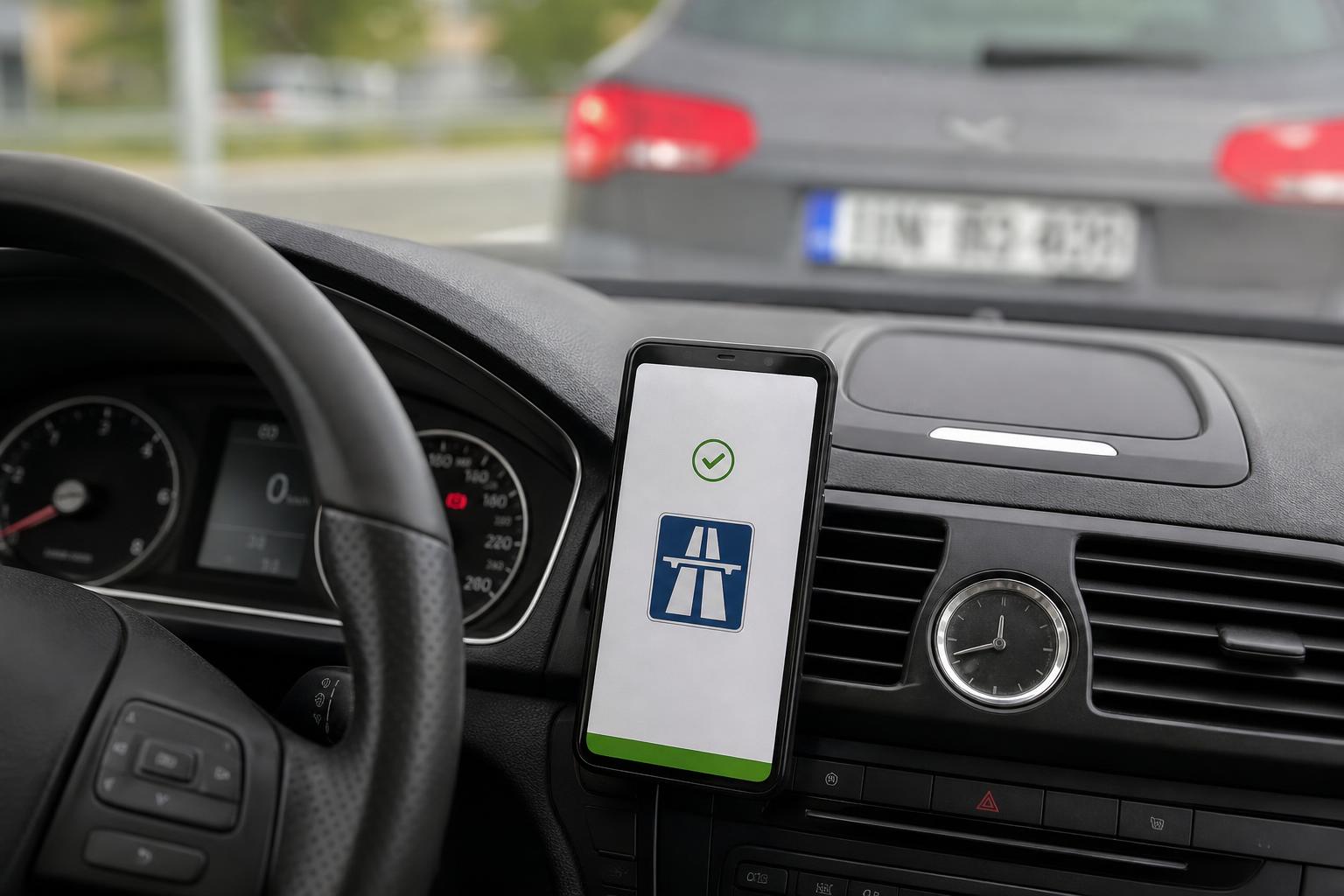 Autópálya-matrica vásárlásának ellenőrzése autóban, a rendszám és a digitális visszaigazolás részletével