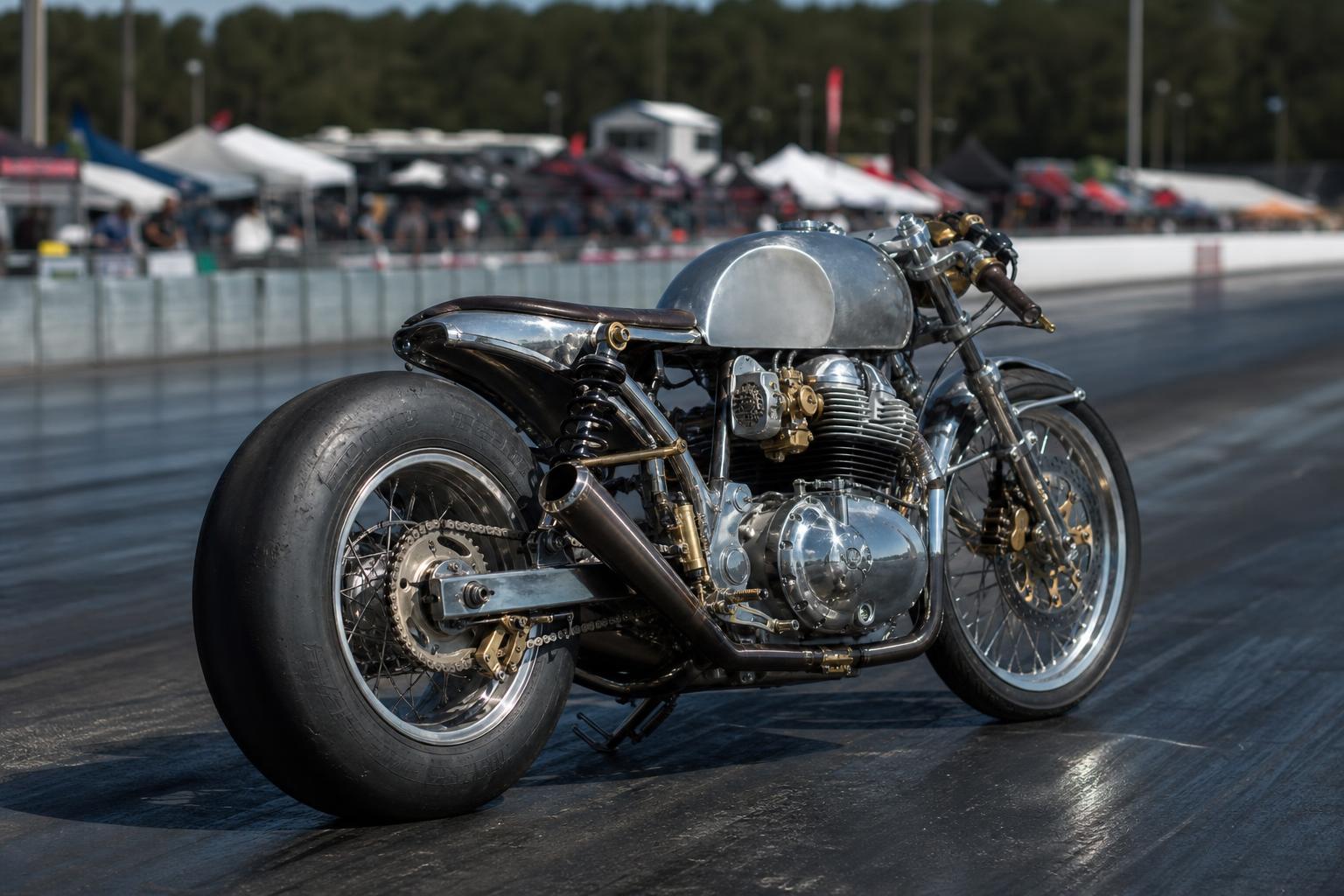 Egyedi Royal Enfield versenymotor polírozott alumínium és sárgaréz részletekkel