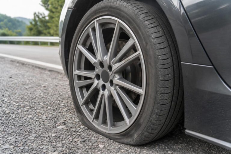 Defekt után leeresztett, megerősített oldalfalú run-flat autógumi közeli képe