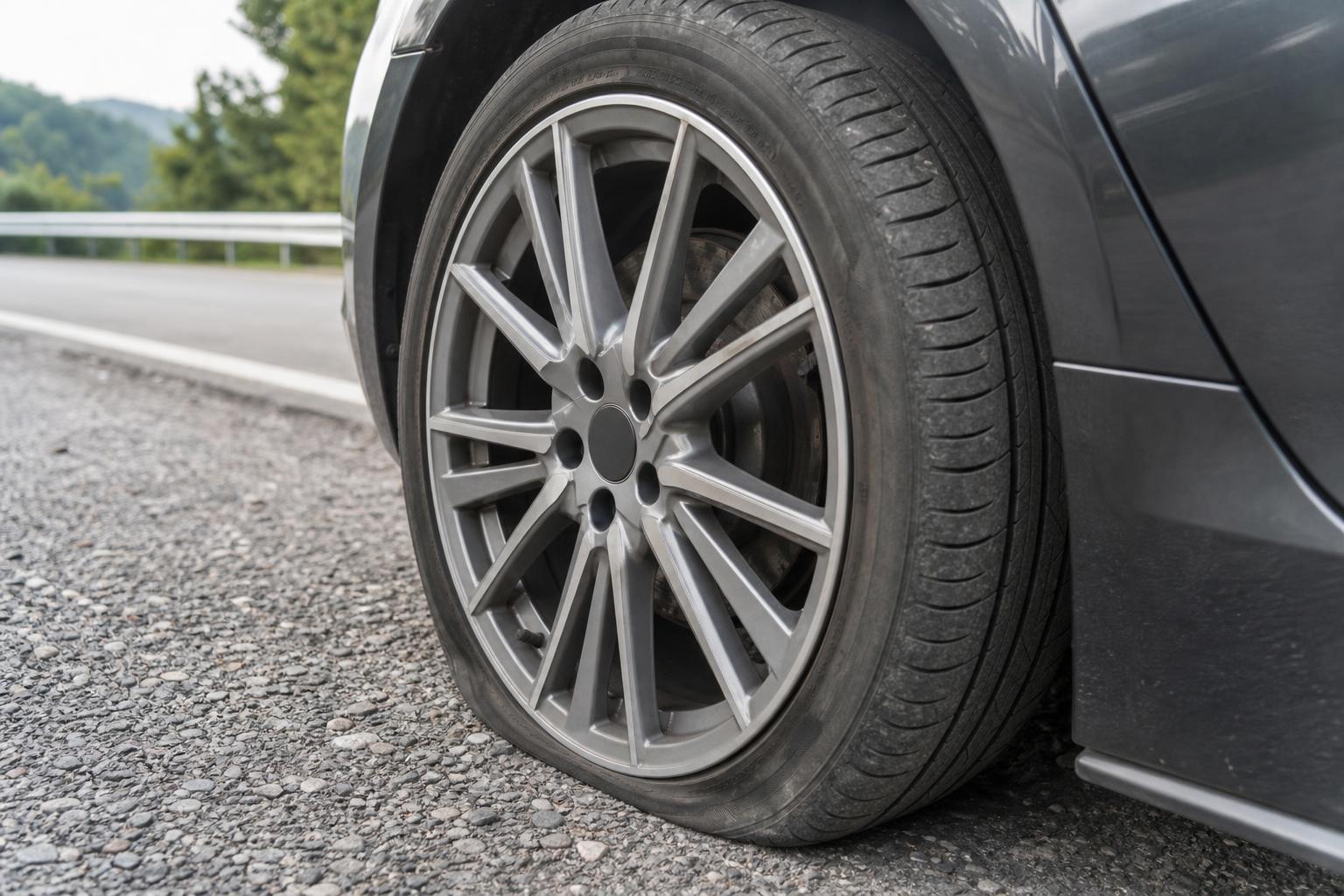 Defekt után leeresztett, megerősített oldalfalú run-flat autógumi közeli képe