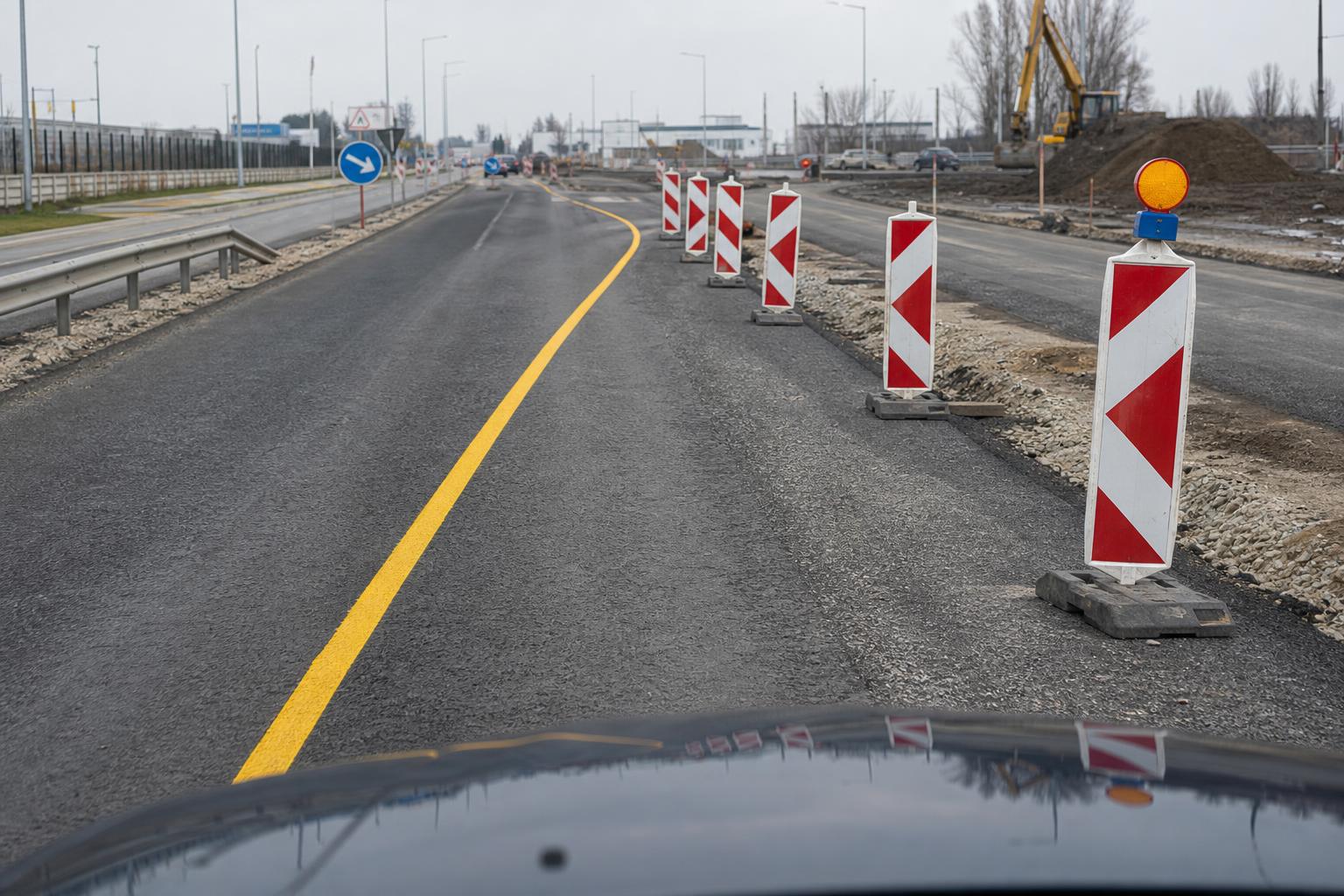Sárga ideiglenes útburkolati jel útépítés melletti terelésnél egy személyautó előtt