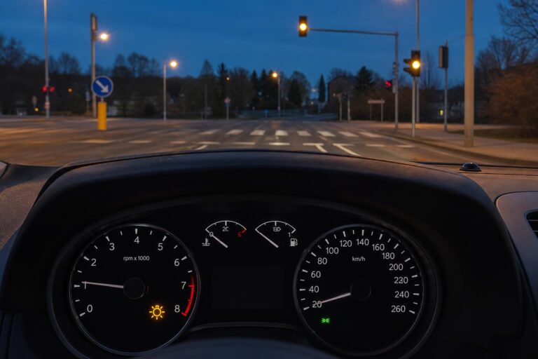 Autó műszerfala és a háttérben sárgán villogó közlekedési lámpa egy kereszteződésben