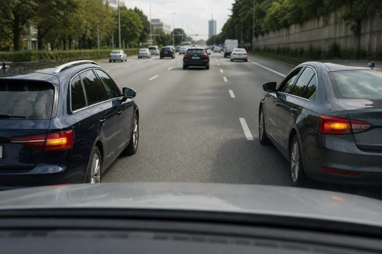 Két autó ugyanabba a forgalmi sávba próbál besorolni egy útburkolati jelekkel kijelölt úton