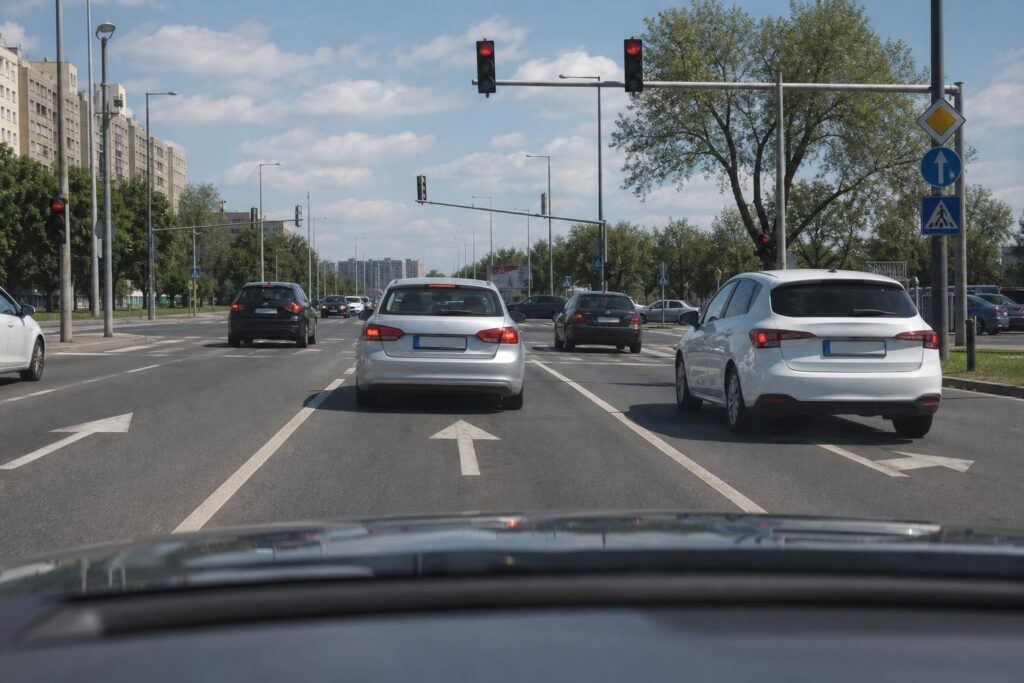 Többsávos városi kereszteződés sávnyilakkal és szabályosan haladó autókkal, a sávváltás közlekedési helyzetét bemutatva