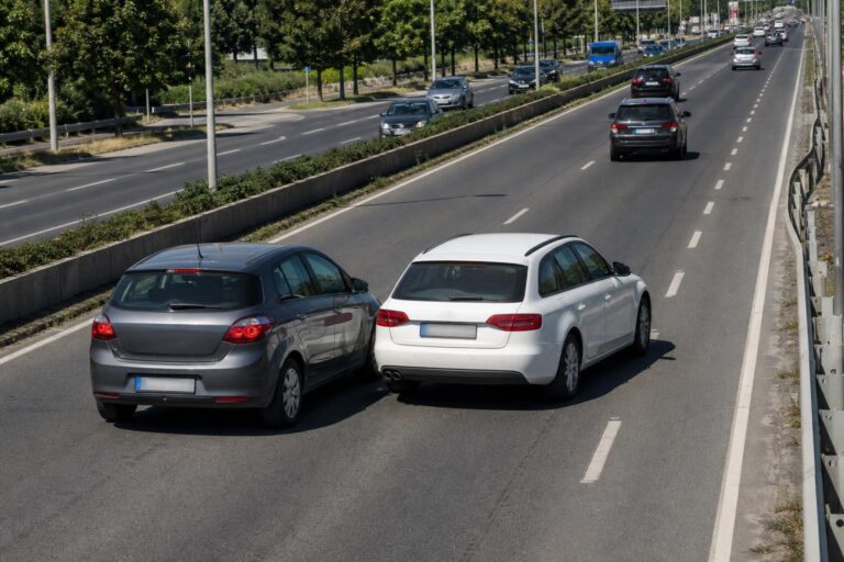 Két személyautó ugyanabba a forgalmi sávba próbál besorolni többsávos úton
