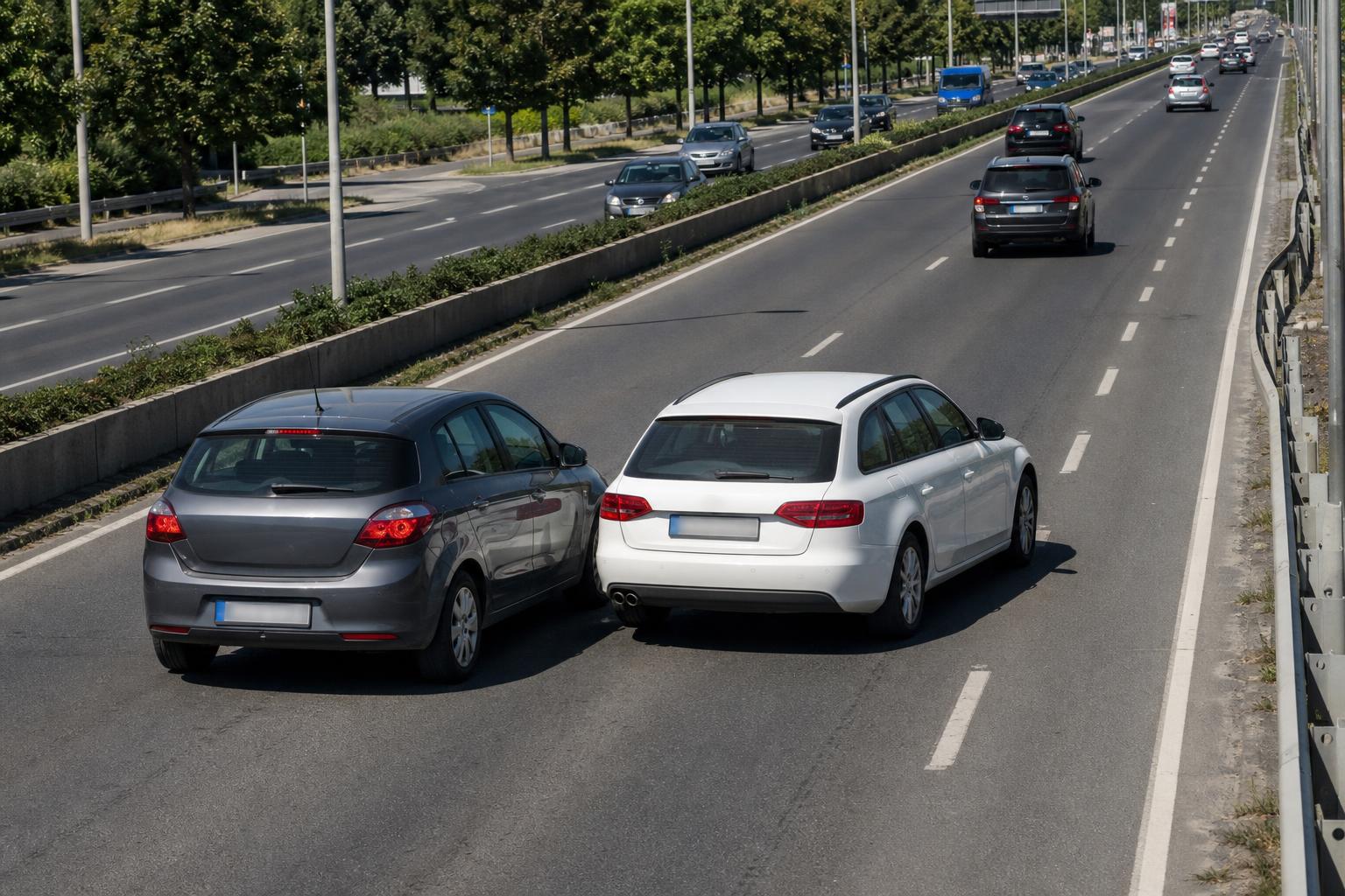 Két személyautó ugyanabba a forgalmi sávba próbál besorolni többsávos úton