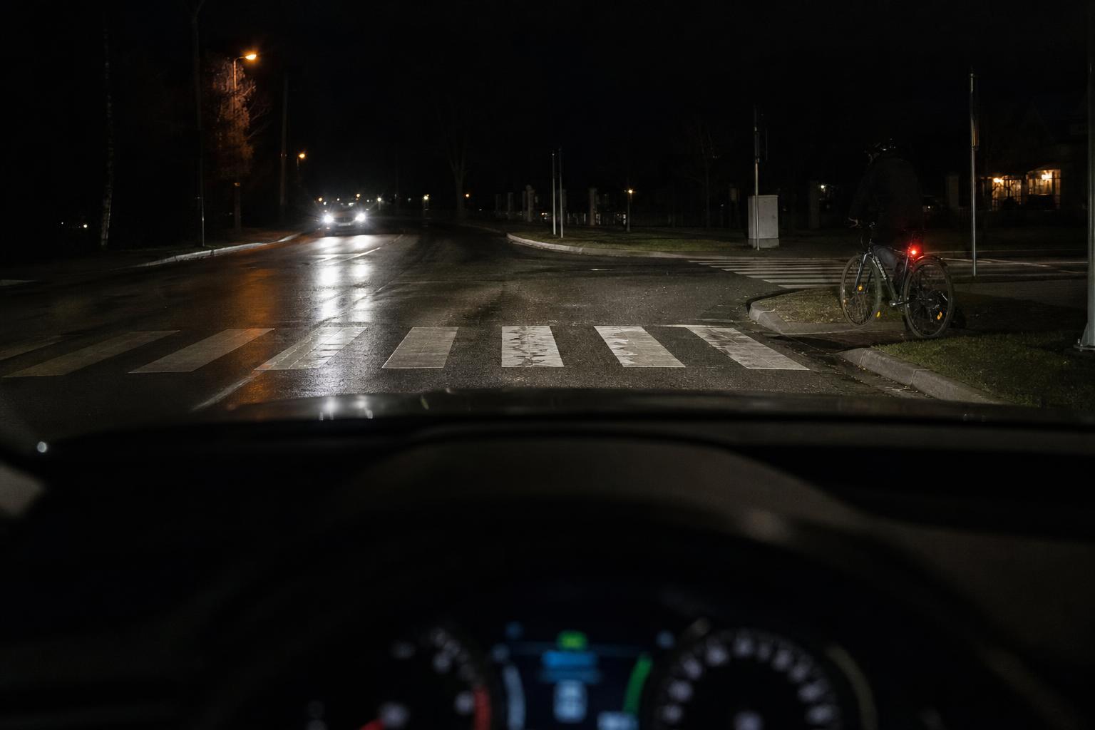 Sötét, nedves úton haladó autó fényszórója egy kereszteződés és az út szélén várakozó kerékpáros előtt