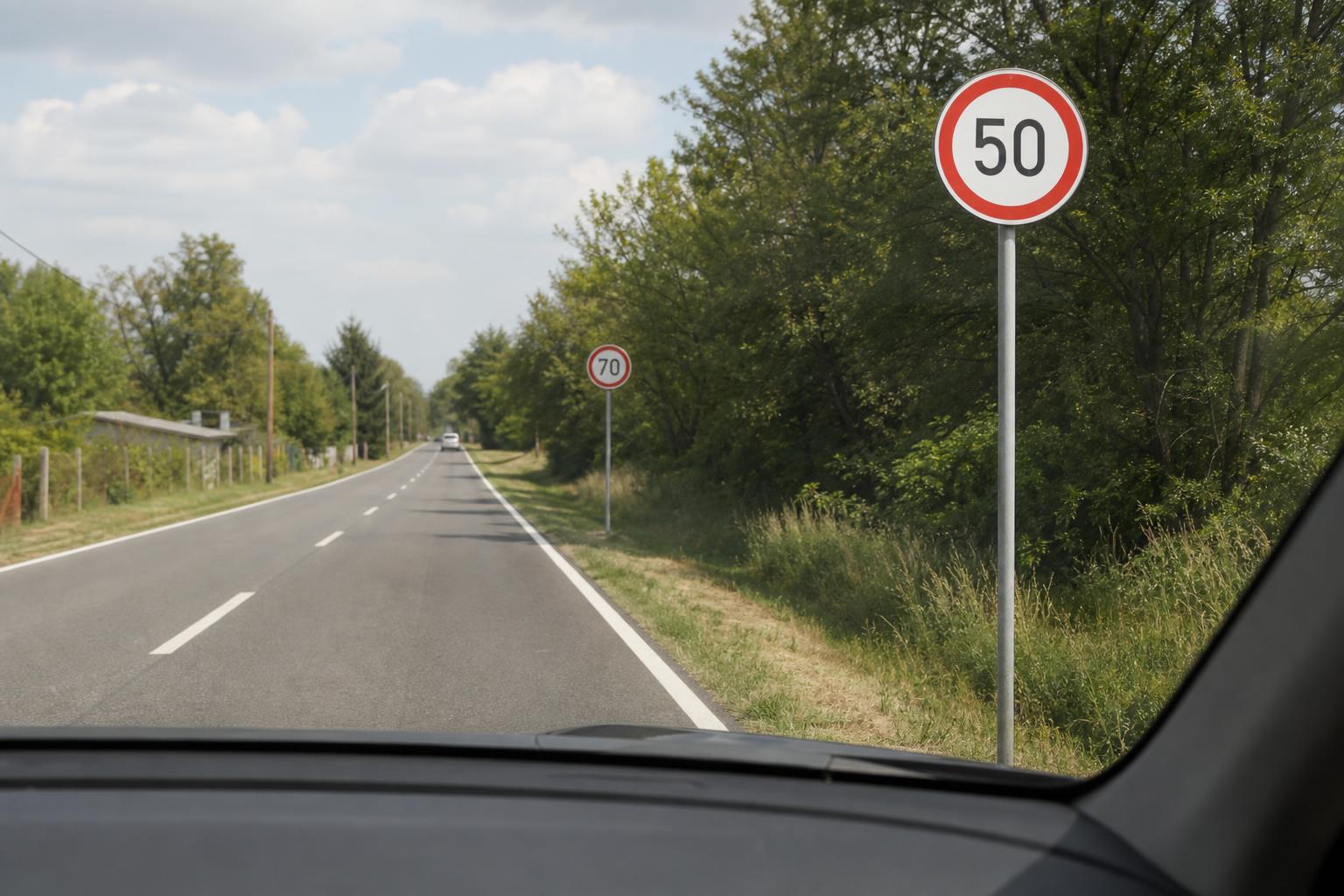 Egymást követő 50-es és 70-es sebességkorlátozó tábla egy magyarországi úton